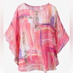Chico's Pink Coral & Purple Abstract Poncho Cape
